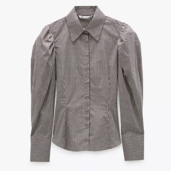 NWT Zara Plaid Puff Sleeve Blouse Ecru / Green | XS - Picture 2 of 8